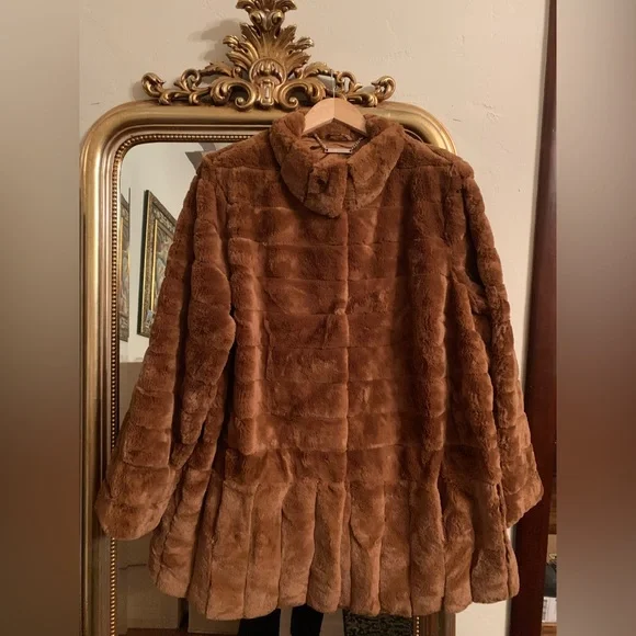 DENNIS BASSO Brown Faux Fur Coat, NEW - Picture 2 of 9